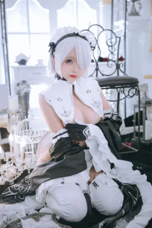 [Cosplay]角色扮演 黑白 情趣女仆装 白色腿袜 2B奶盖女仆 日奈娇
